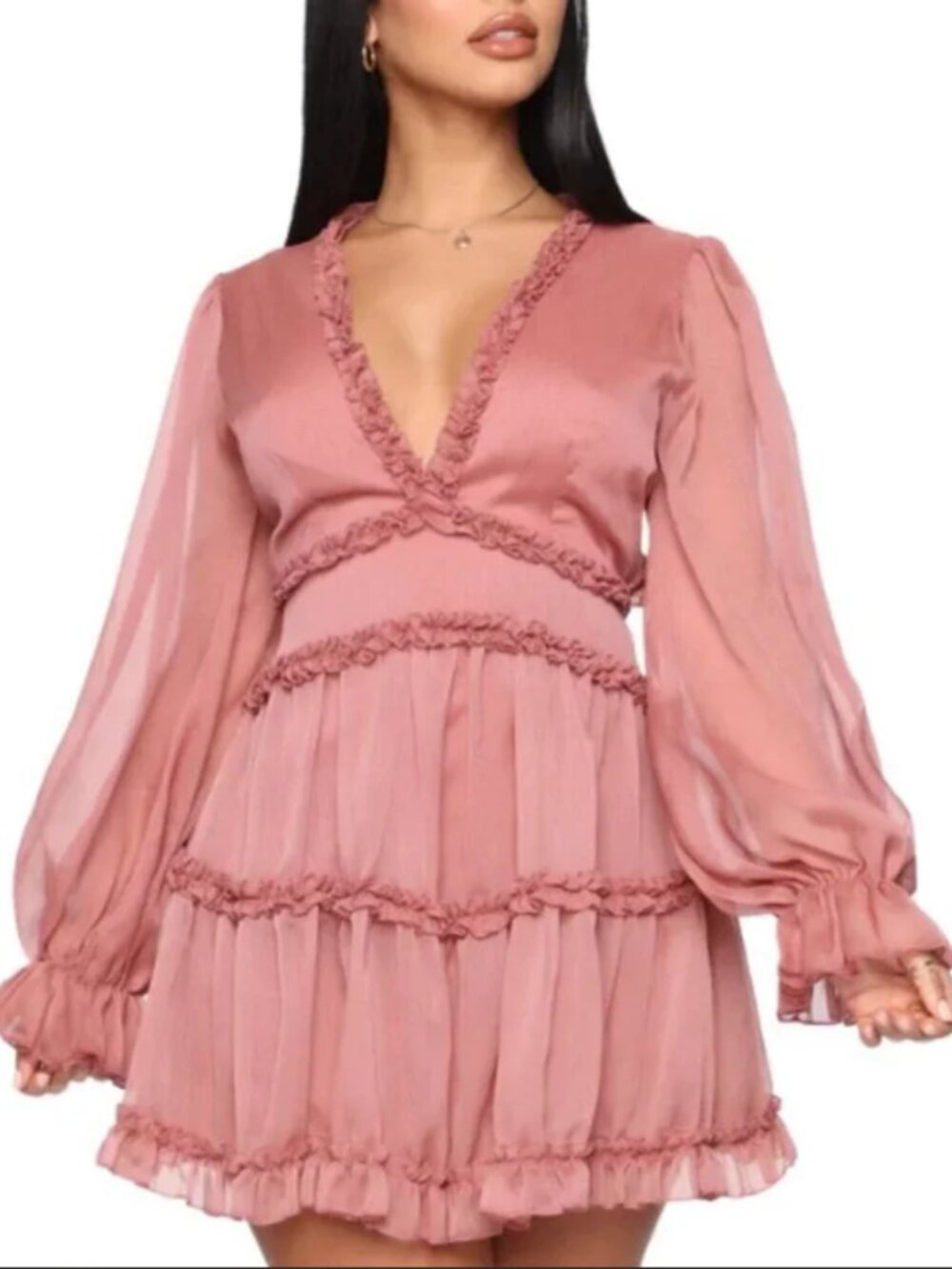 Fashion Nova Coquette Dusty Rose Chiffon Ruffle Tiered Open Back Mini Dress XS